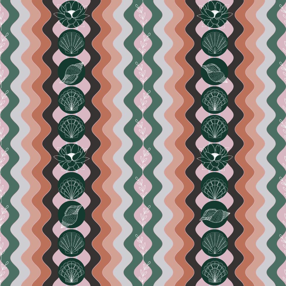 summer background with seashells lotus flowers and twigs on the background of beach waves vector seamless pattern