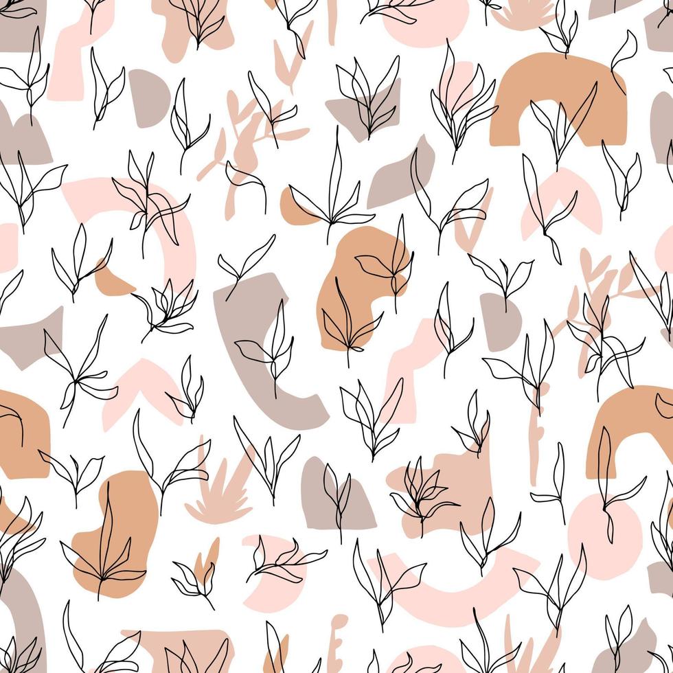 abstract minimalistic vector seamless pattern simple isolated boho shapes in different colors and branches with leaves hand drawn in one line