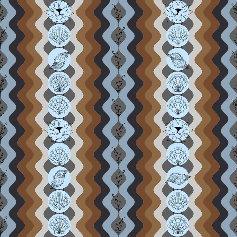 summer background with seashells lotus flowers and twigs on the background of beach waves vector seamless pattern