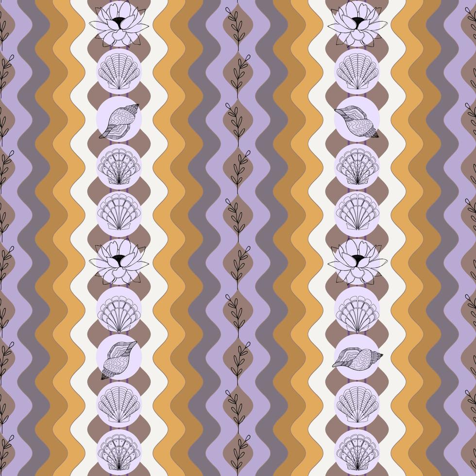 summer background with seashells lotus flowers and twigs on the background of beach waves vector seamless pattern