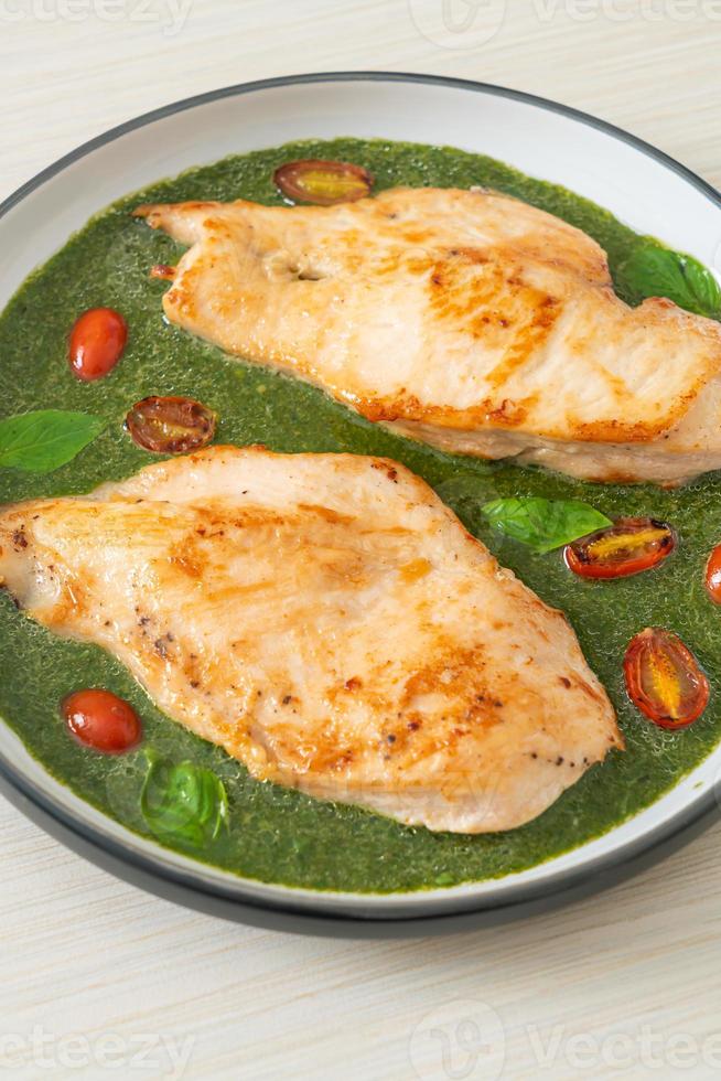 grilled chicken steak with pesto sauce photo