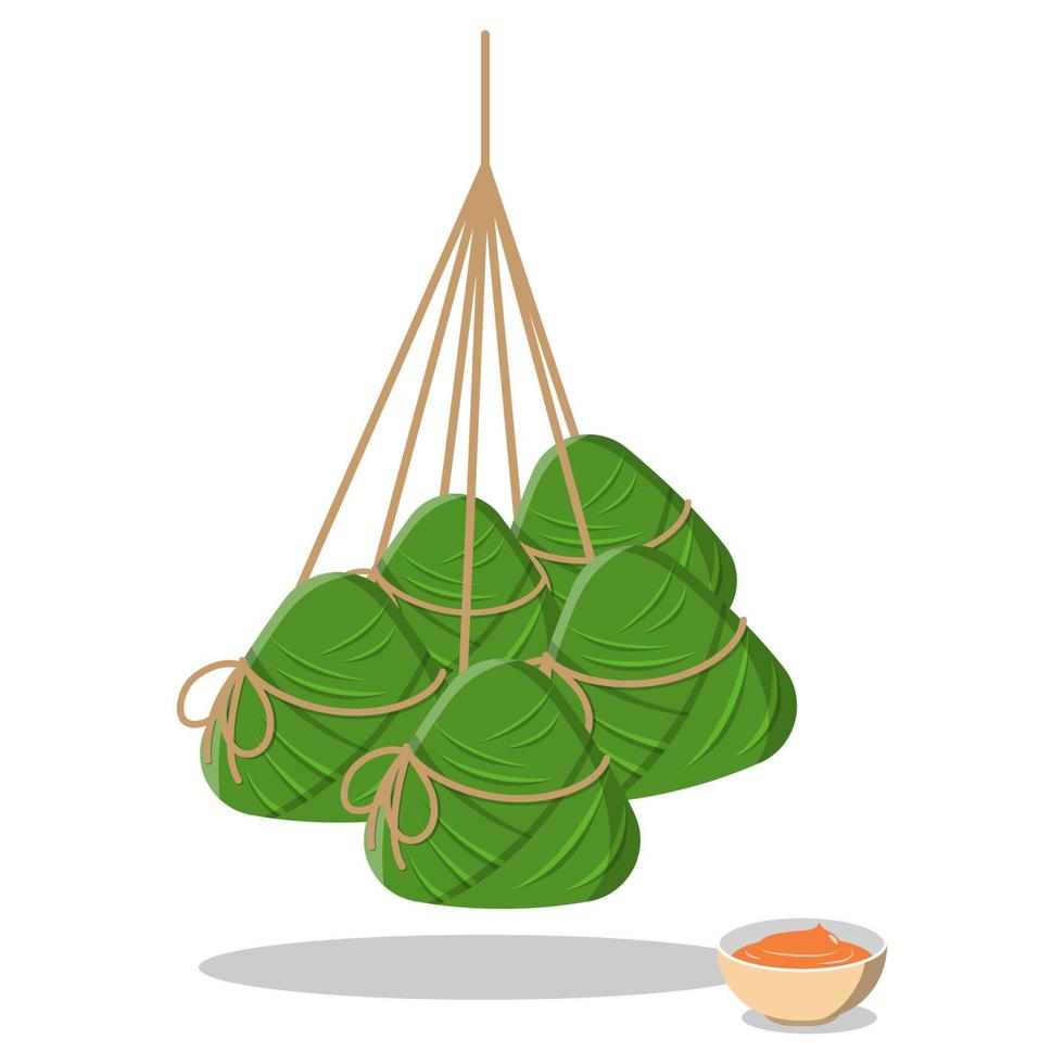Zongzi tied hanging and sauce isolated on white background. vector