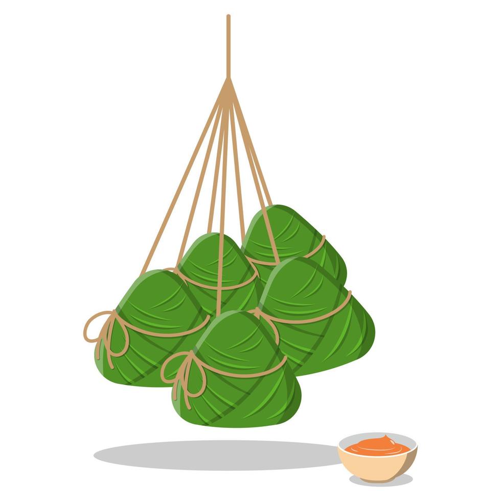 zongzi atado colgando y salsa aislado sobre fondo blanco. vector