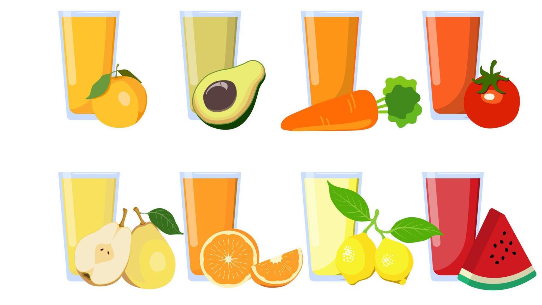 jugos de frutas frescas en vidrio, conjunto de ilustraciones vectoriales. vector