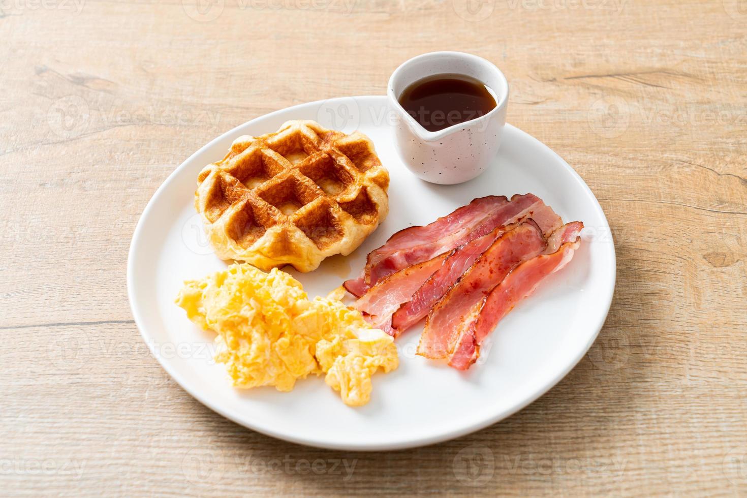 scrambled egg with bacon and waffle photo