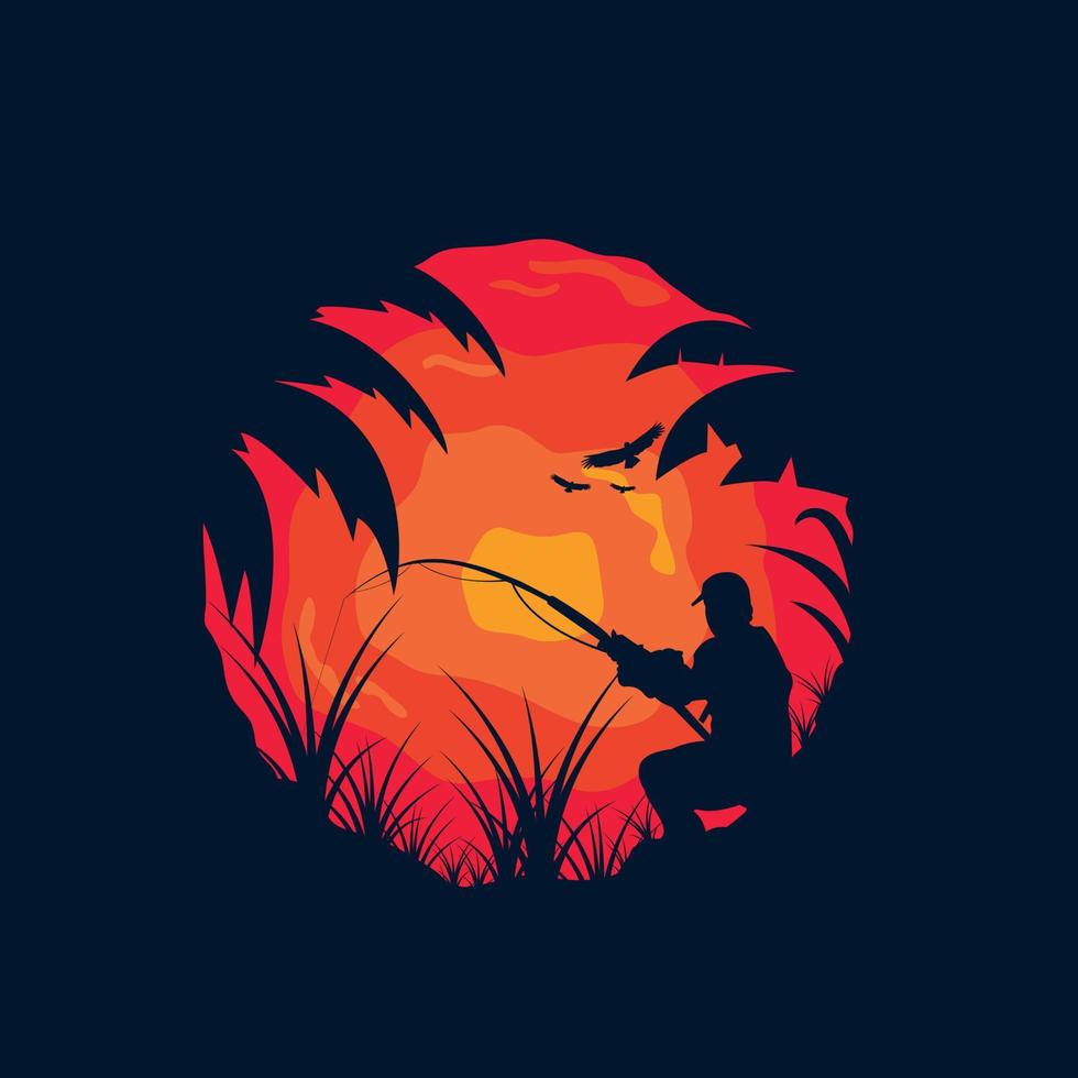 ilustración del logotipo de la silueta de la pesca del pescador en el diseño al aire libre de la puesta del sol vector
