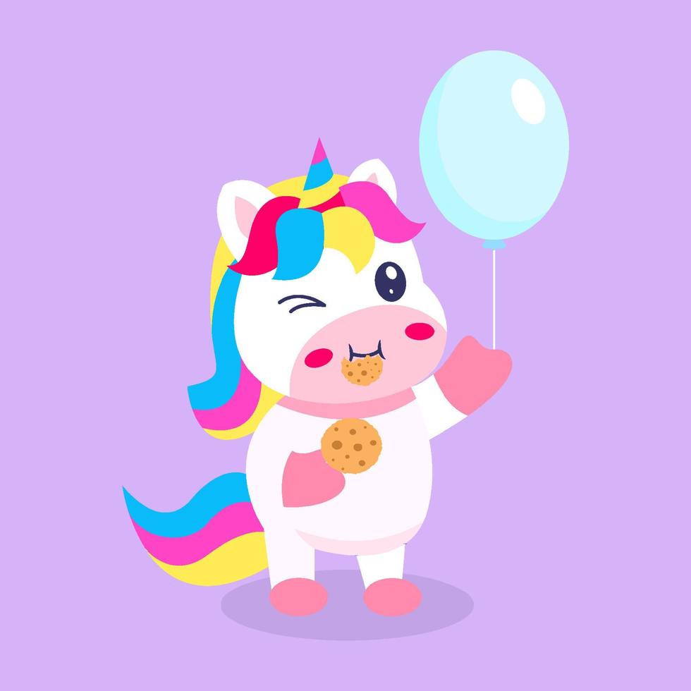 Cute unicorn holding baloon and eating chocolate cookies cartoon illustration vector