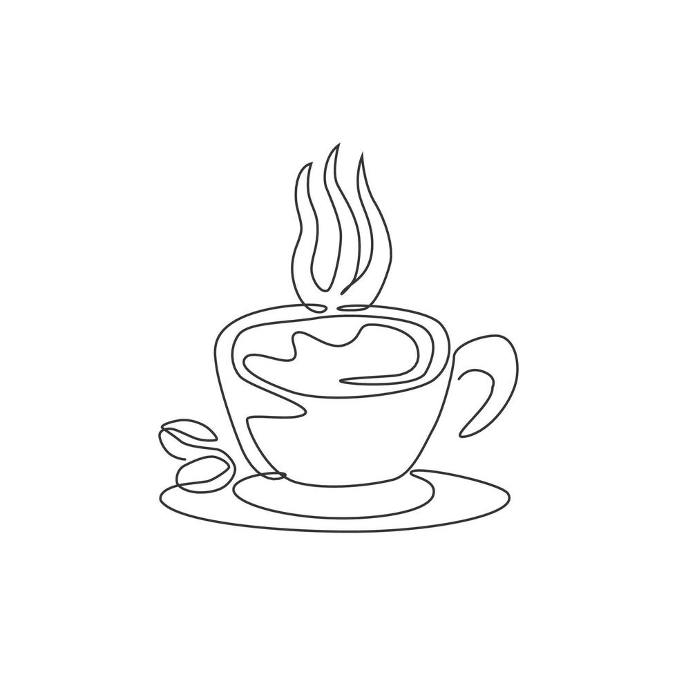 One continuous line drawing of fresh aromatic espresso cup of coffee logo emblem. Beverage coffee shop logotype template concept. Modern single line draw design cafe drink store vector illustration