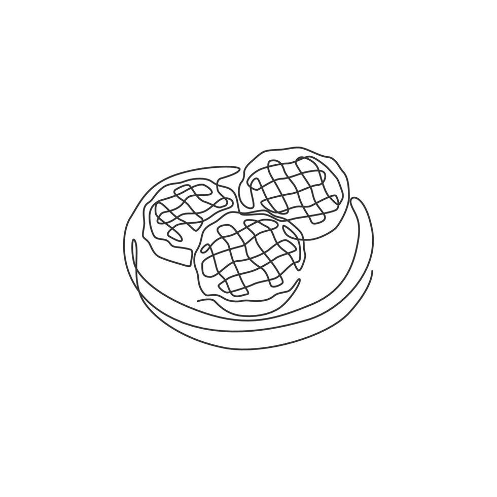 One single line drawing of fresh delicious traditional apple pie logo vector graphic illustration. Pastry cake food cafe menu and restaurant badge art concept. Modern continuous line draw design