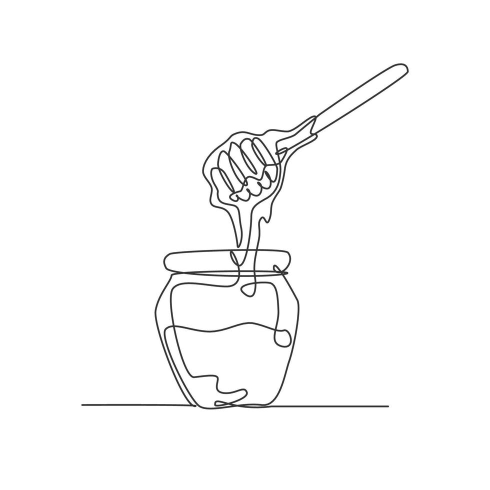 One single line drawing fresh sweet natural gold honey on glass jar with wooden dipper vector graphic illustration. Natural organic supplement concept. Modern continuous line draw healthy food design