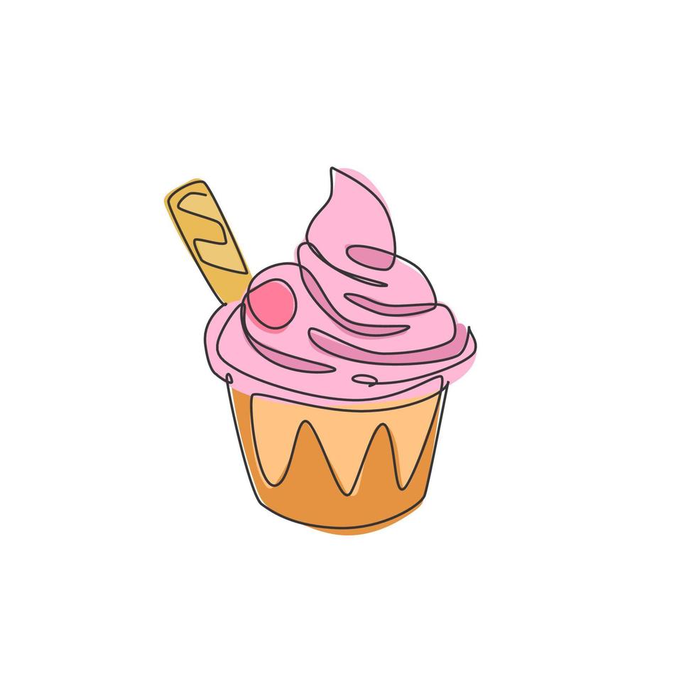 un dibujo de línea continua de una deliciosa taza de helado sundae fresco con el emblema del logotipo del palo de oblea. concepto de plantilla de logotipo de tienda de cafetería de comida rápida. ilustración de vector de diseño de dibujo de línea única moderna