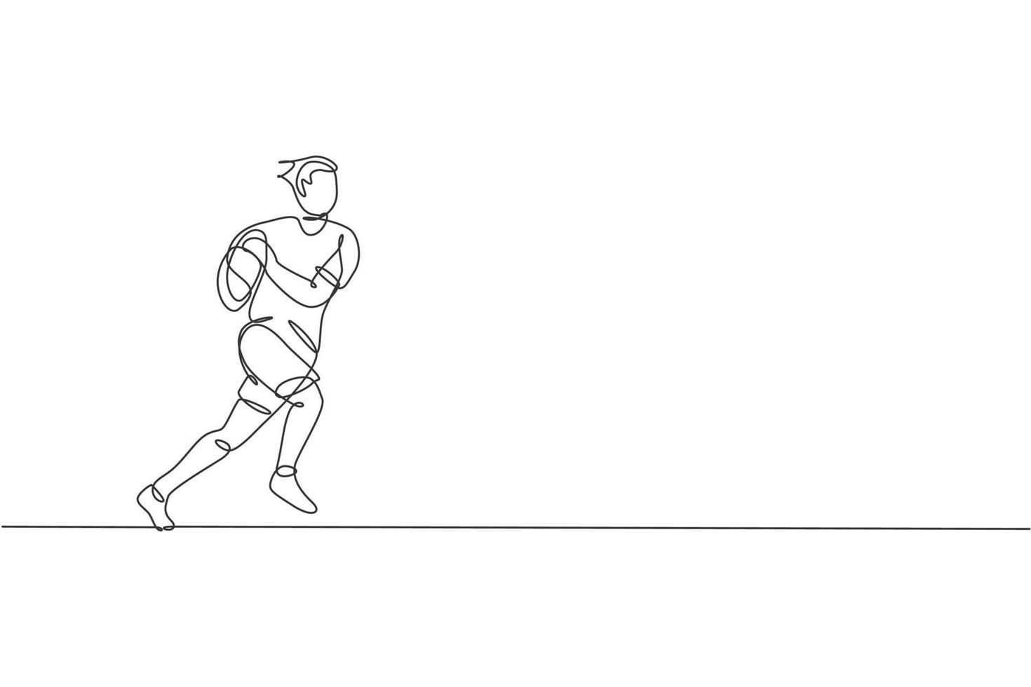 One single line drawing of young energetic rugby player running and holding the ball vector graphic illustration. Healthy sport concept. Modern continuous line draw design for rugby tournament banner