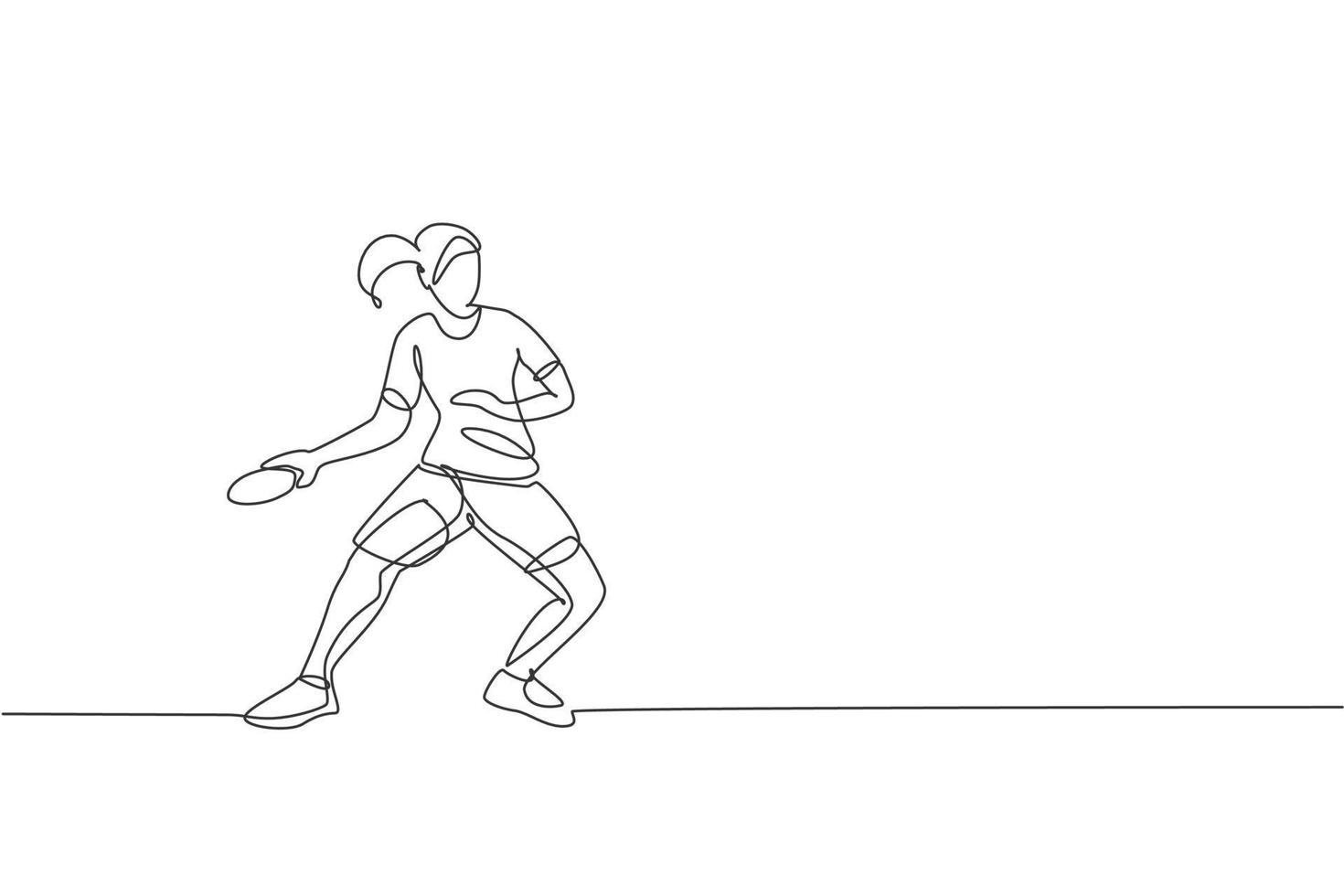 One single line drawing young energetic woman table tennis player hit the ball vector graphic illustration. Sport training concept. Modern continuous line draw design for ping pong tournament banner