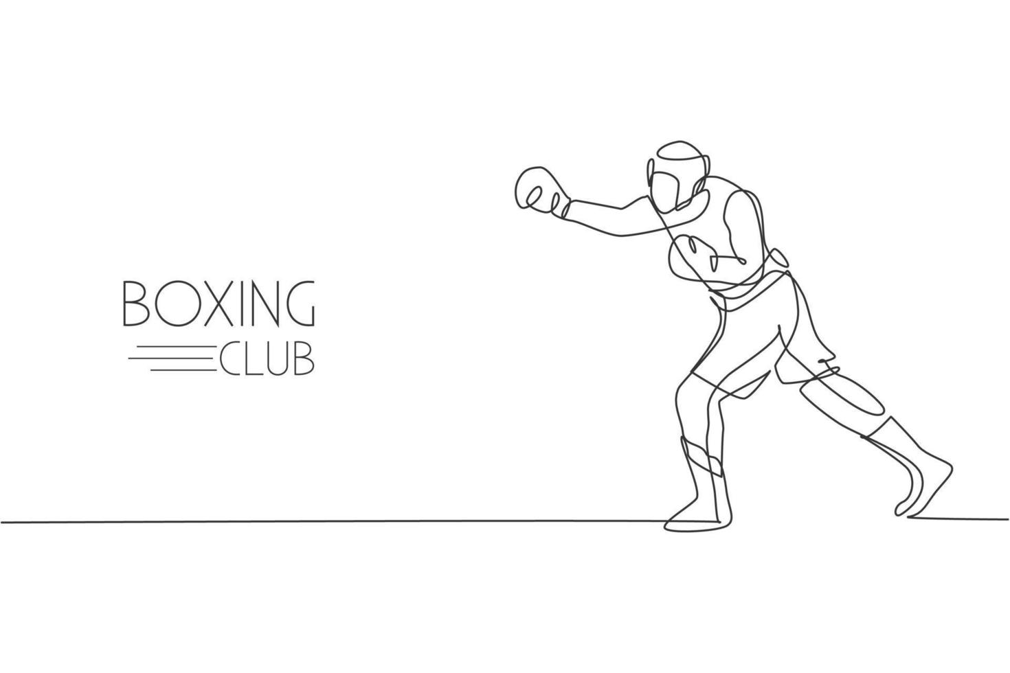 One single line drawing of young energetic man boxer improve his attack punch vector illustration. Sport combative training concept. Modern continuous line draw design for boxing championship banner