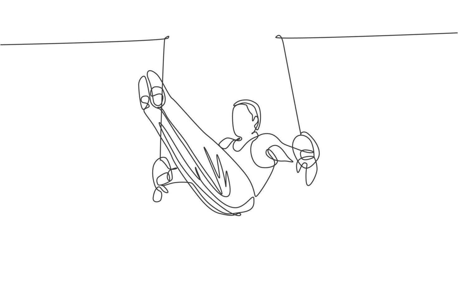Single continuous line drawing young handsome professional gymnast man perform acrobatic motion. Steady rings training and stretching concept. Trendy one line draw design vector illustration graphic