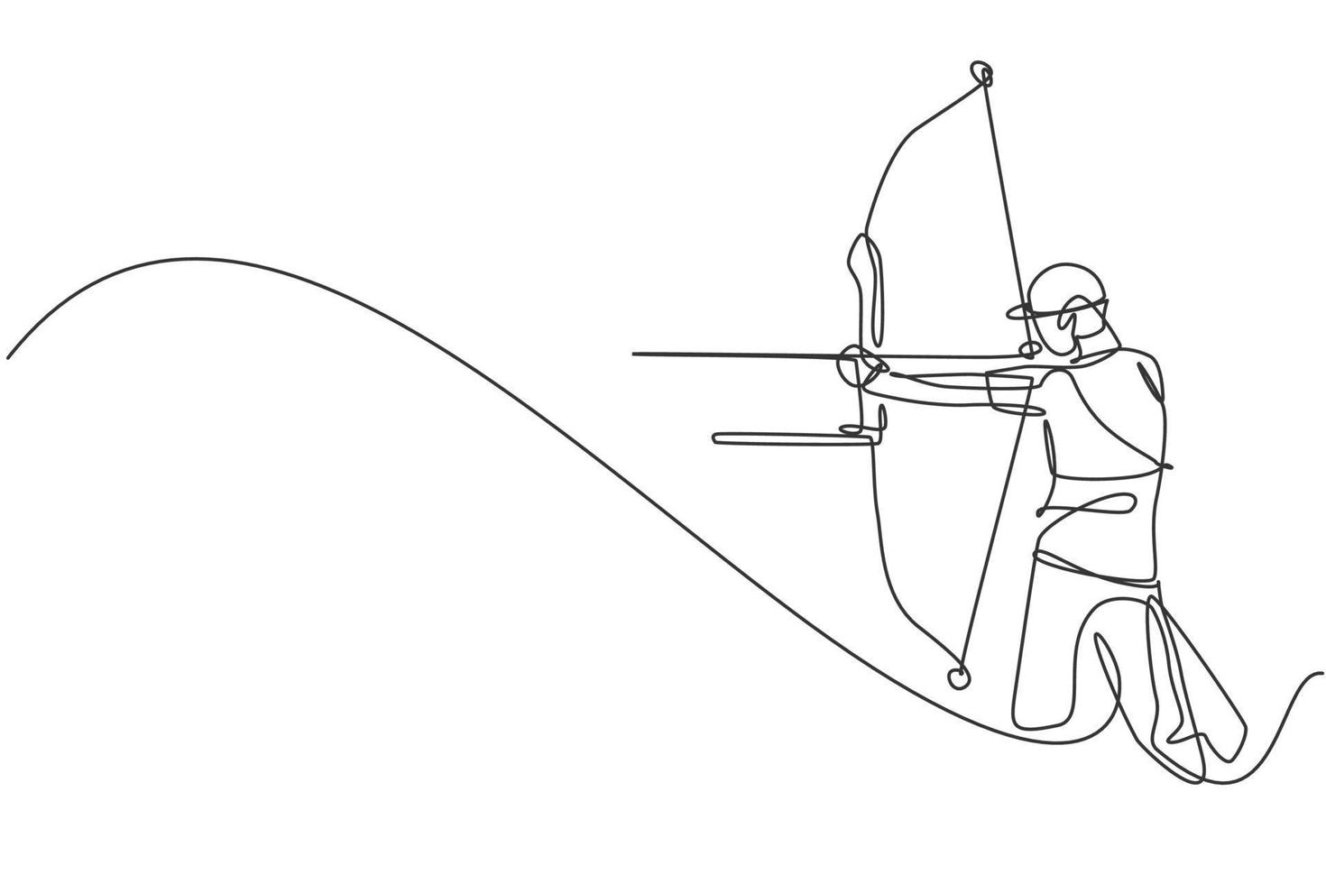 dibujo de una sola línea continua de un joven arquero profesional centrado en el objetivo de tiro con arco. ejercicio deportivo de tiro con arco con el concepto de arco. gráfico de ilustración vectorial de diseño de dibujo de una línea de moda vector