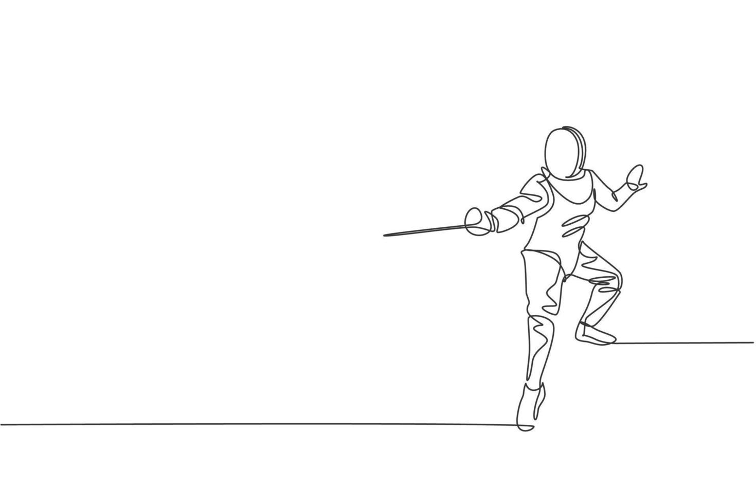 One single line drawing of young man fencer athlete in fencing costume exercising motion on sport arena vector illustration. Combative and fighting sport concept. Modern continuous line draw design