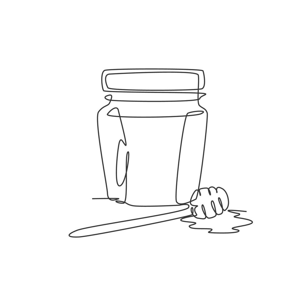 Single continuous line drawing of stylized sweet honey on glass jar with wooden dipper icon. Healthy organic supplement concept. Modern one line draw design vector illustration for natural food store