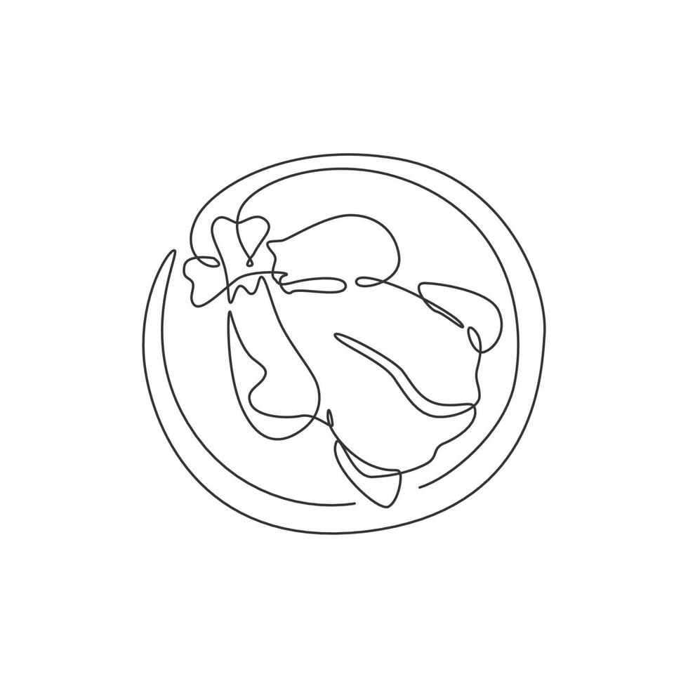 One continuous line drawing of fresh delicious roasted turkey menu at restaurant. Festival holiday food art concept. Modern single line draw design graphic vector illustration