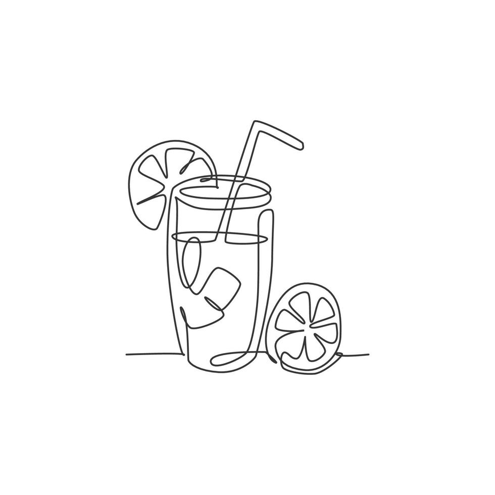 One continuous line drawing of fresh delicious lemonade ice with sliced lemon for restaurant menu. Drink cafe shop logotype template concept. Modern single line draw design vector graphic illustration
