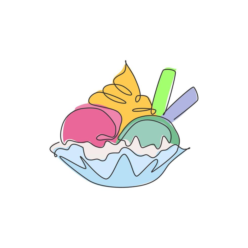 Single continuous line drawing of stylized sundae ice cream cup logo label. Sweet dessert restaurant concept. Modern one line draw design vector illustration graphic for cafe and dine in snack shop