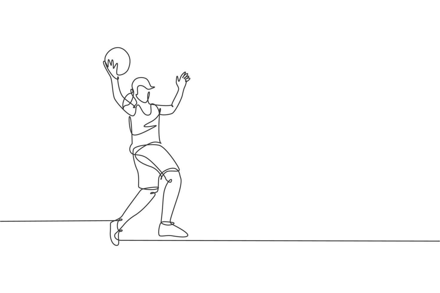una línea continua dibujando una joven jugadora de baloncesto atrapa la pelota. concepto de deporte de trabajo en equipo competitivo. Ilustración de vector gráfico de diseño de dibujo de línea única dinámica para medios de promoción de torneos