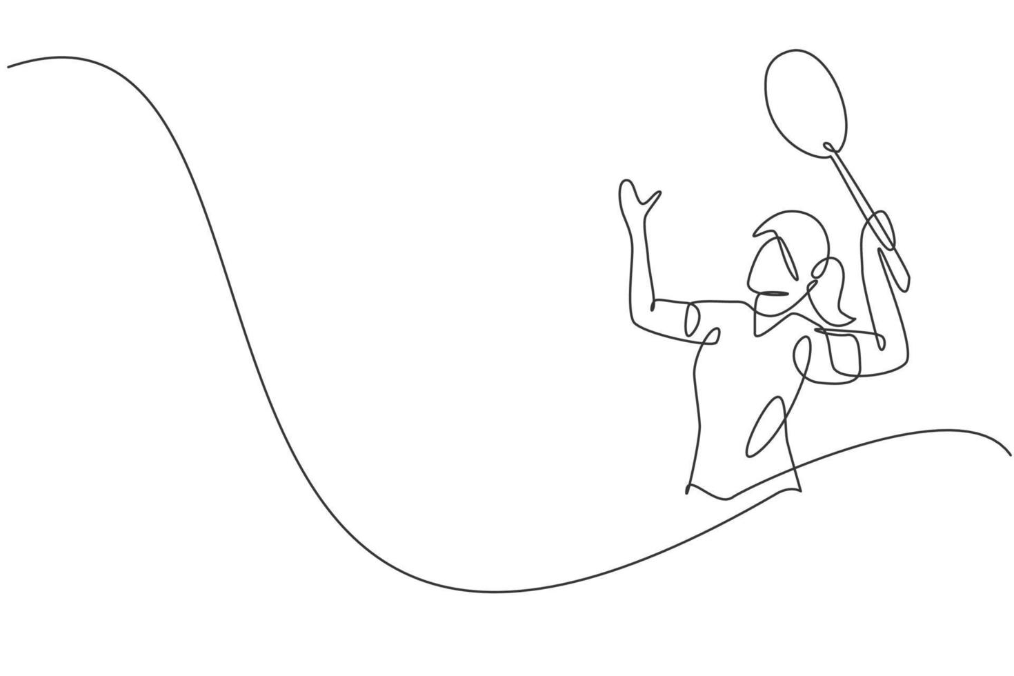 One single line drawing of young energetic badminton player jumping and smash shuttlecock vector illustration. Healthy sport concept. Modern continuous line draw design for badminton tournament poster