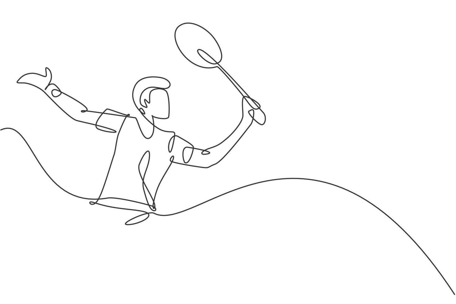 Single continuous line drawing of young agile badminton player give drop shot hit to opponent. Sport concept. Trendy one line draw design vector illustration for badminton tournament publication media