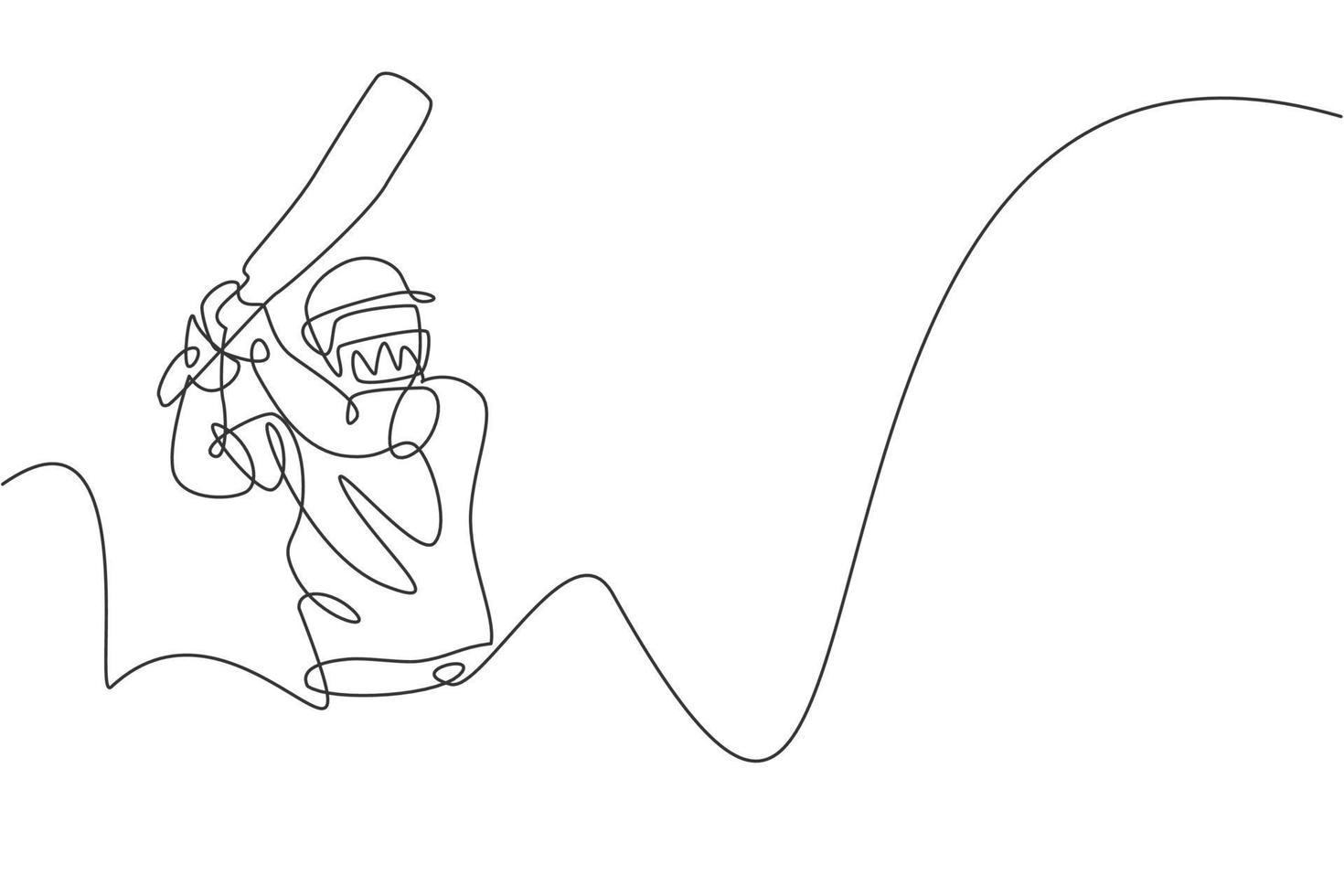 One single line drawing of young energetic man cricket player practice to hit the ball precisely vector illustration. Sport concept. Modern continuous line draw design for cricket competition banner