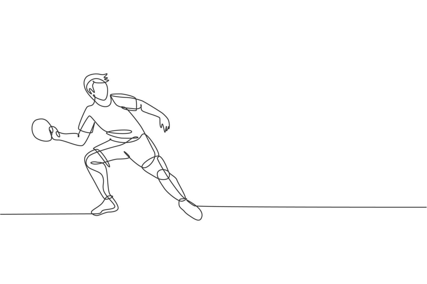 dibujo de una sola línea continua de la práctica de enfoque de jugador de tenis de mesa de hombre joven y ágil. concepto de ejercicio deportivo. ilustración vectorial de diseño de dibujo de una línea de moda para los medios de promoción del torneo de ping pong vector