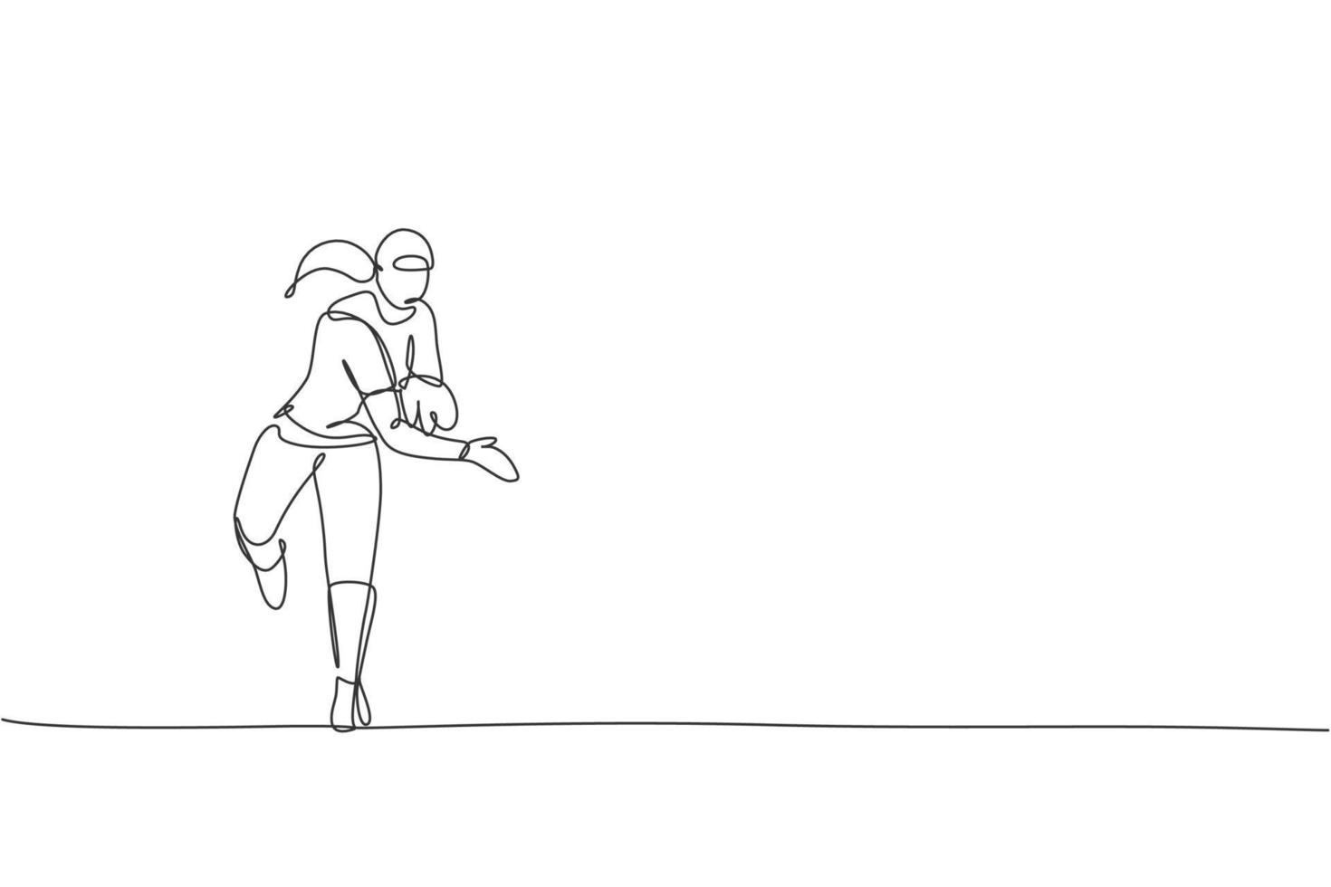 One single line drawing of young energetic man baseball player practice to throw the ball vector illustration. Sport training concept. Modern continuous line draw design for baseball tournament banner