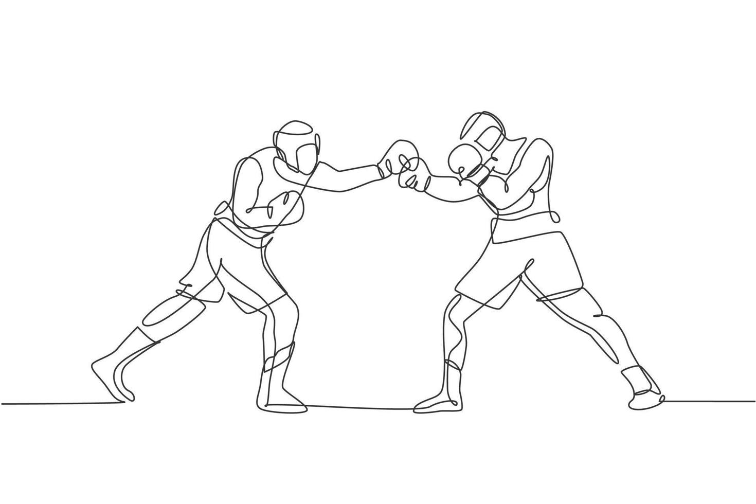 One continuous line drawing of two young sporty men boxer duel at boxing ring. Competitive combat sport concept. Dynamic single line draw design vector illustration for boxing match promotion poster