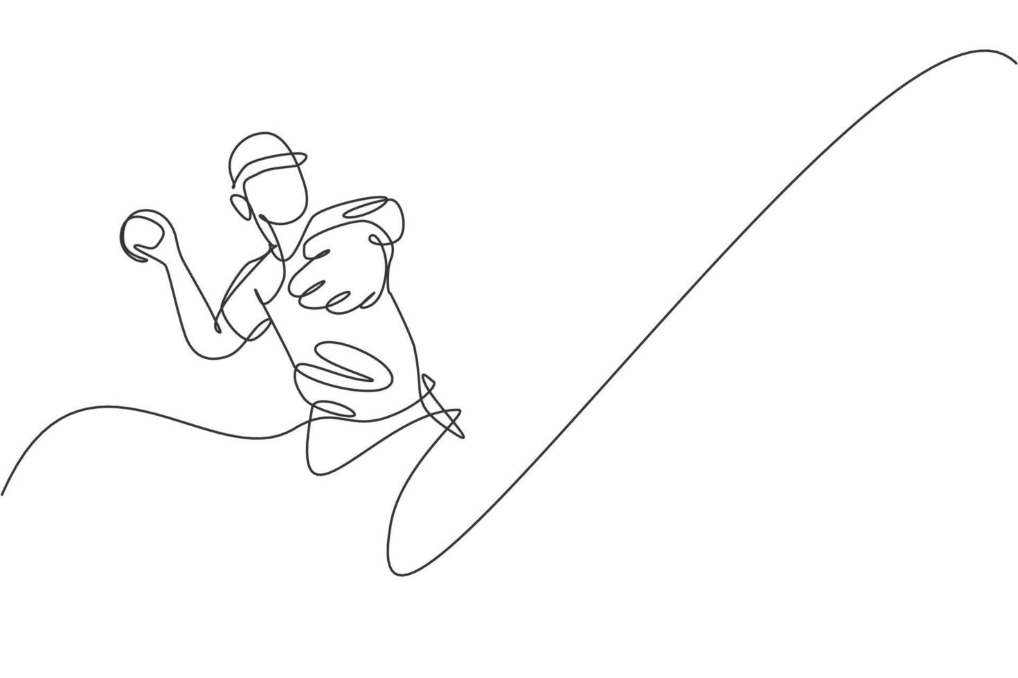 un jugador de béisbol joven enérgico de dibujo de una sola línea lanza la ilustración de vector gráfico de bola de velocidad. concepto de entrenamiento deportivo. diseño moderno de dibujo de línea continua para la pancarta del torneo de béisbol