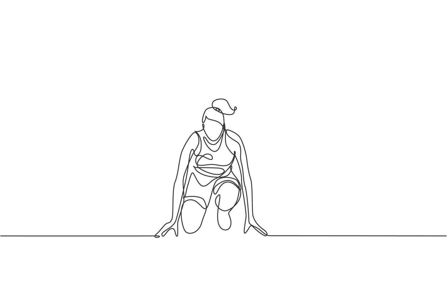 One single line drawing of young energetic woman runner ready to sprint at start line vector illustration. Healthy sport training concept. Modern continuous line draw design for running race banner