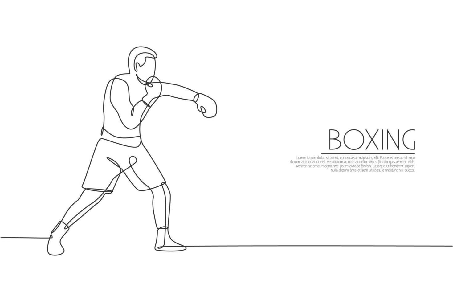 One single line drawing of young energetic man boxer improve his punch attack vector illustration. Sport combative training concept. Modern continuous line draw design for boxing championship banner