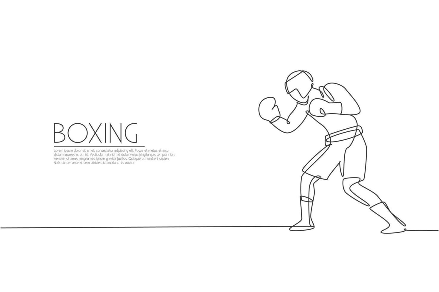 One single line drawing of young energetic man boxer focus practicing upper cut punch vector illustration. Sport combative training concept. Modern continuous line draw design for boxing event banner
