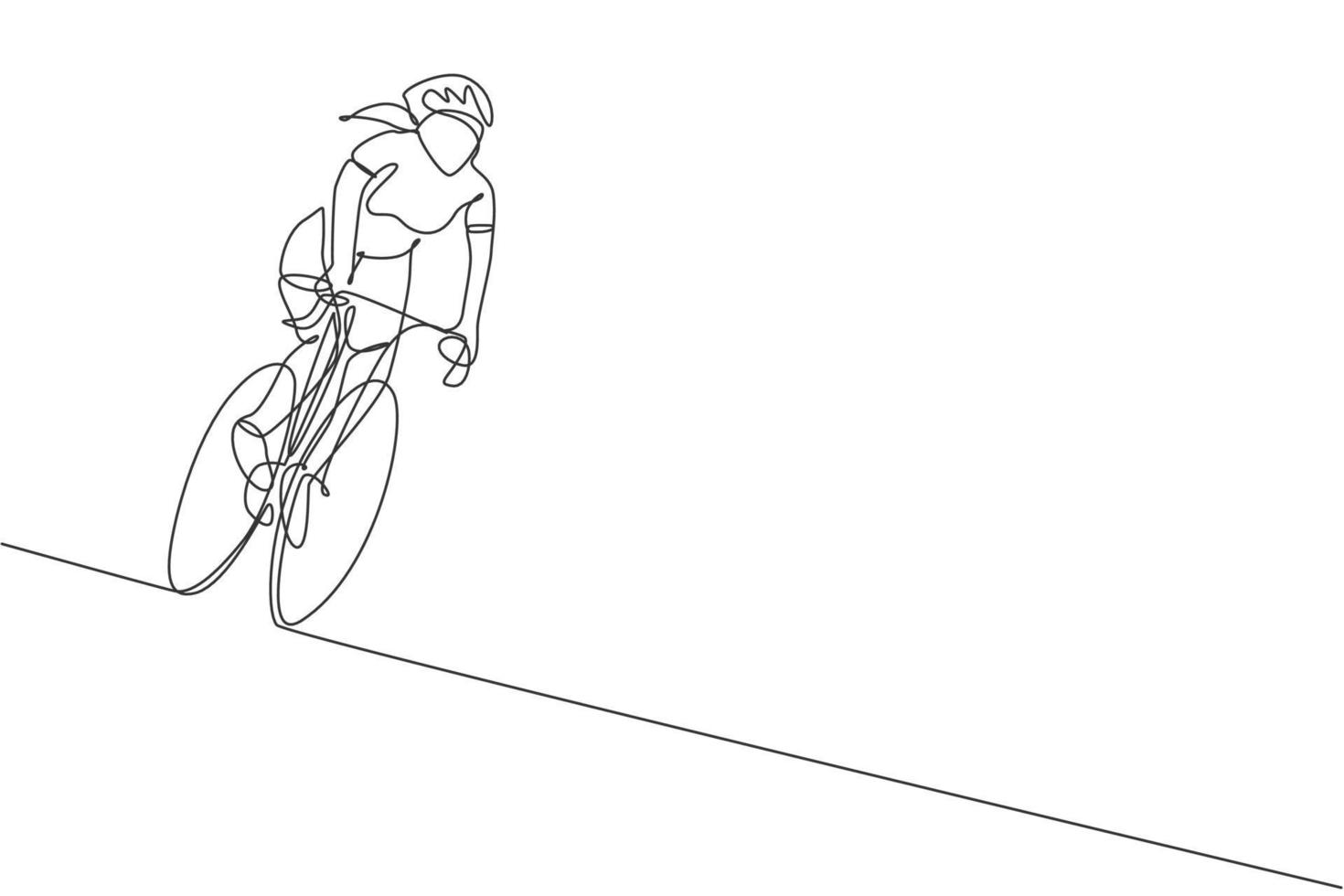 una sola línea de dibujo joven mujer enérgica carrera de ciclistas en la pista de ciclismo ilustración vectorial gráfica. concepto de ciclista de carreras. diseño moderno de dibujo de línea continua para banner de torneo de ciclismo vector