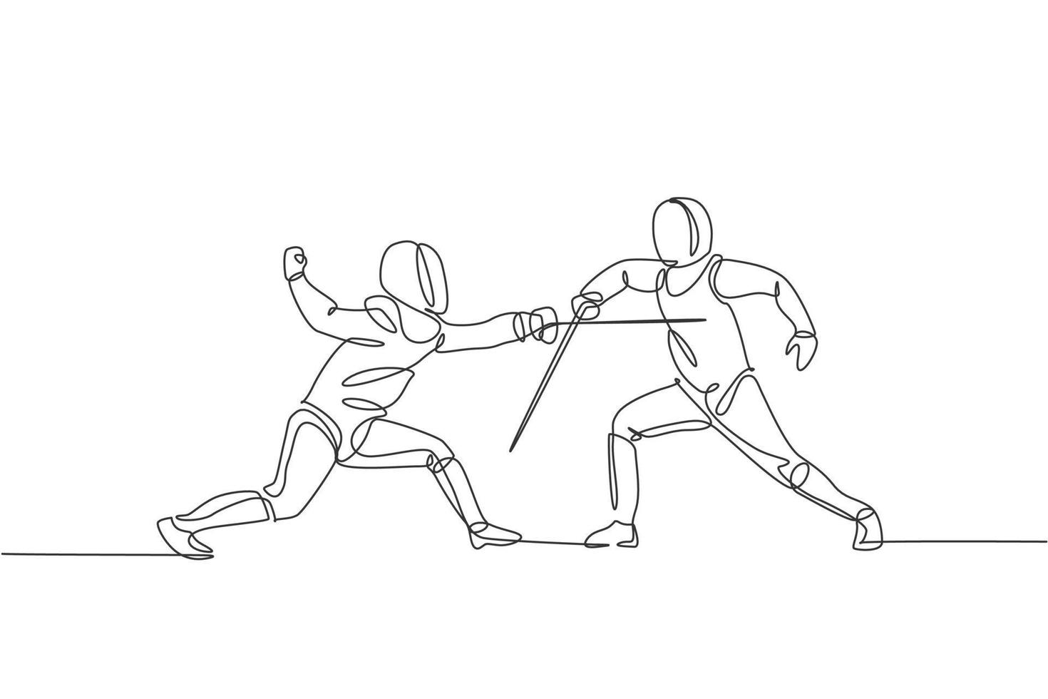 One single line drawing of two young men fencer athlete in fencing costume exercise motion on sport arena vector illustration. Combative and fighting sport concept. Modern continuous line draw design