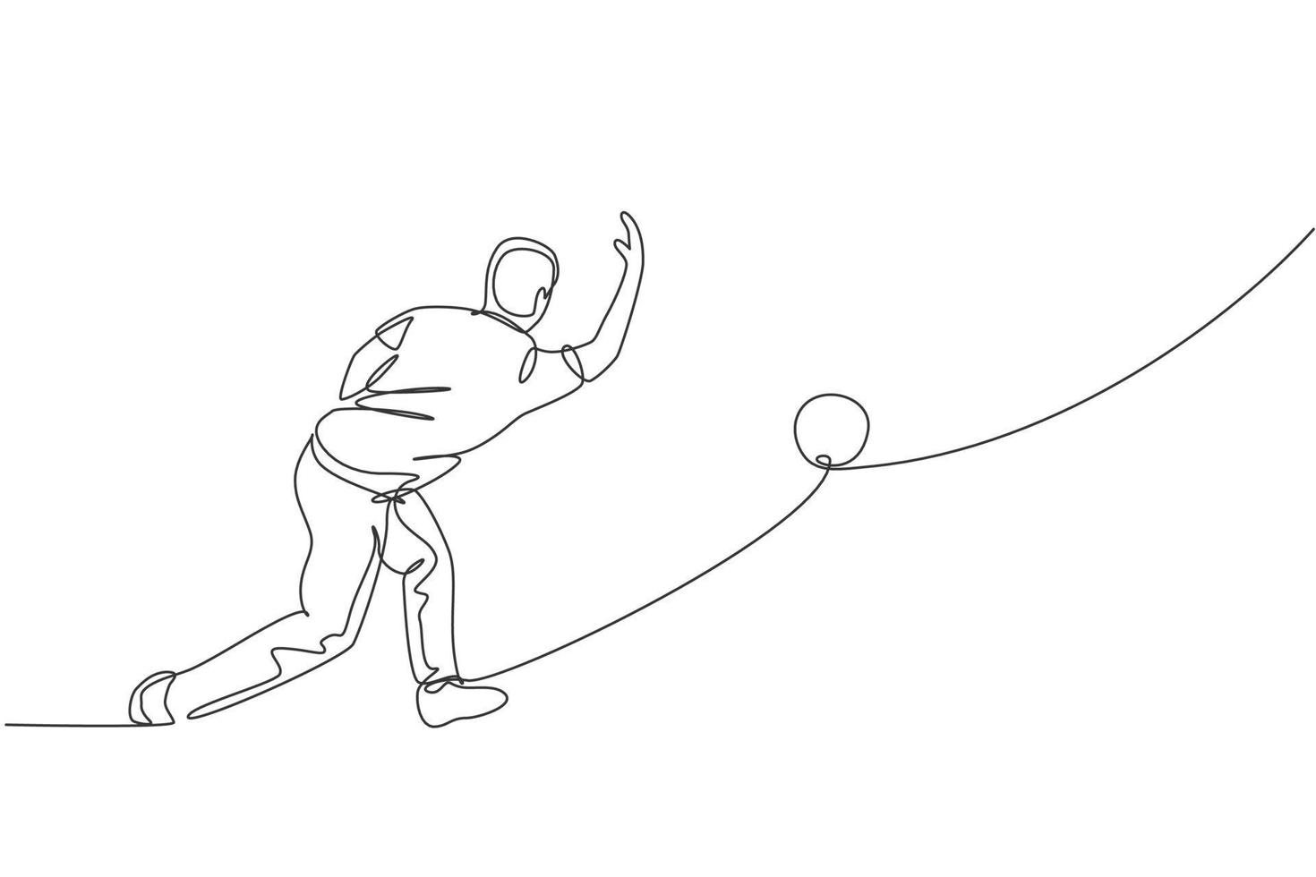 un dibujo de línea continua de un joven jugador de bolos feliz que tira la pelota al carril para golpear el alfiler. concepto de actividad de estilo de vida y deporte saludable. Ilustración de vector de diseño de dibujo de línea única dinámica