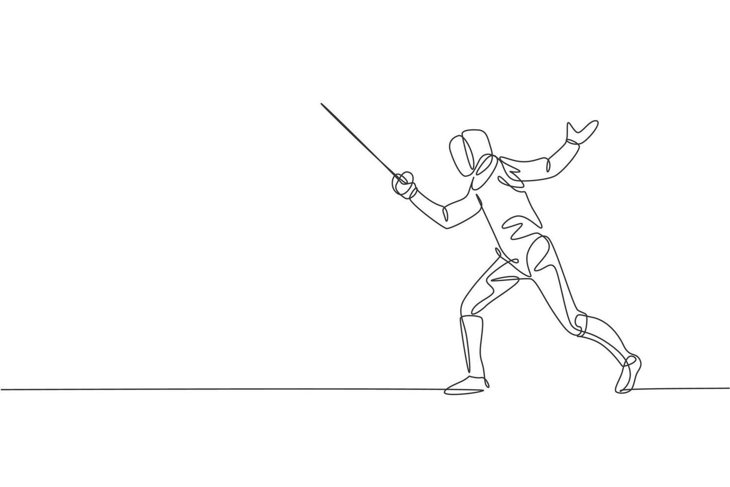 One continuous line drawing of young woman fencing athlete practice fighting on professional sport arena. Fencing costume and holding sword concept. Dynamic single line draw design vector illustration