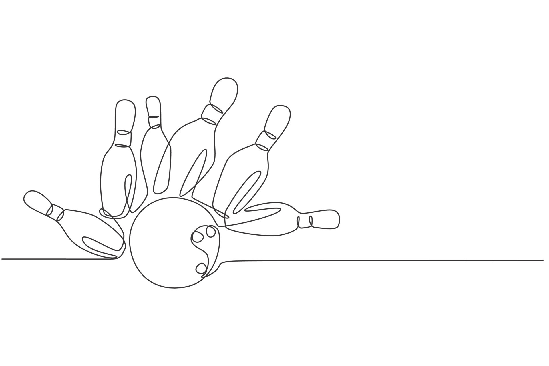 One single line drawing of bowling pins falling apart hit by bowling