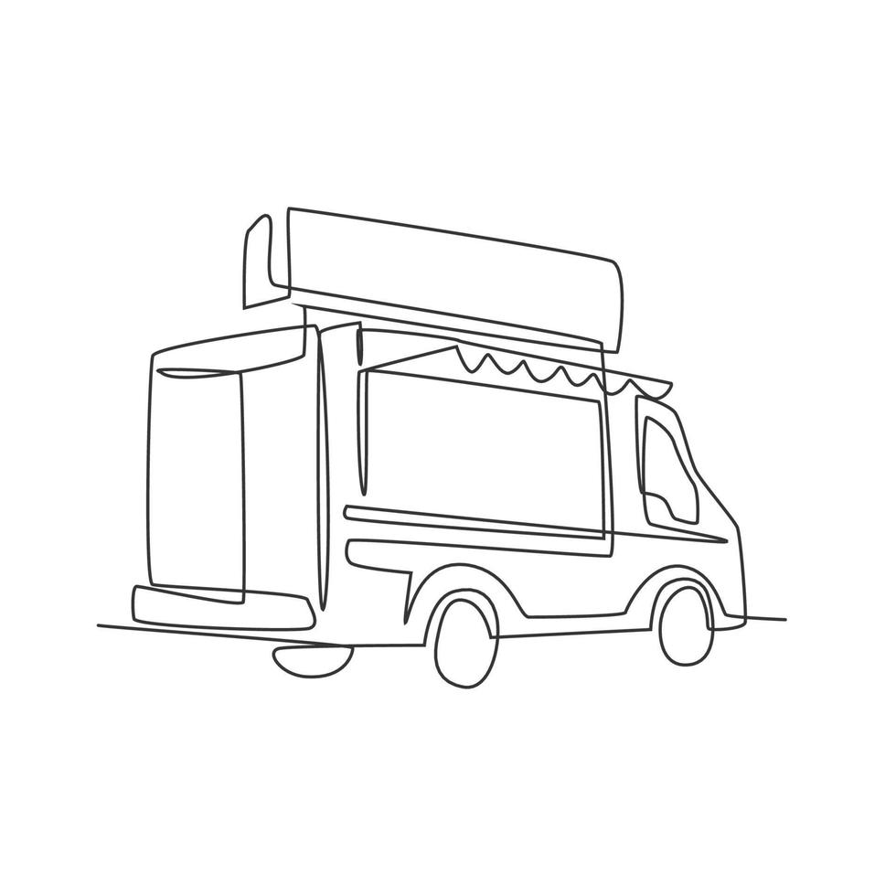 un dibujo de una sola línea de un camión de comida vintage para la ilustración vectorial del logotipo del festival. menú de cafetería de comida rápida móvil y concepto de placa de restaurante. diseño de dibujo de línea continua moderna logotipo de comida callejera vector