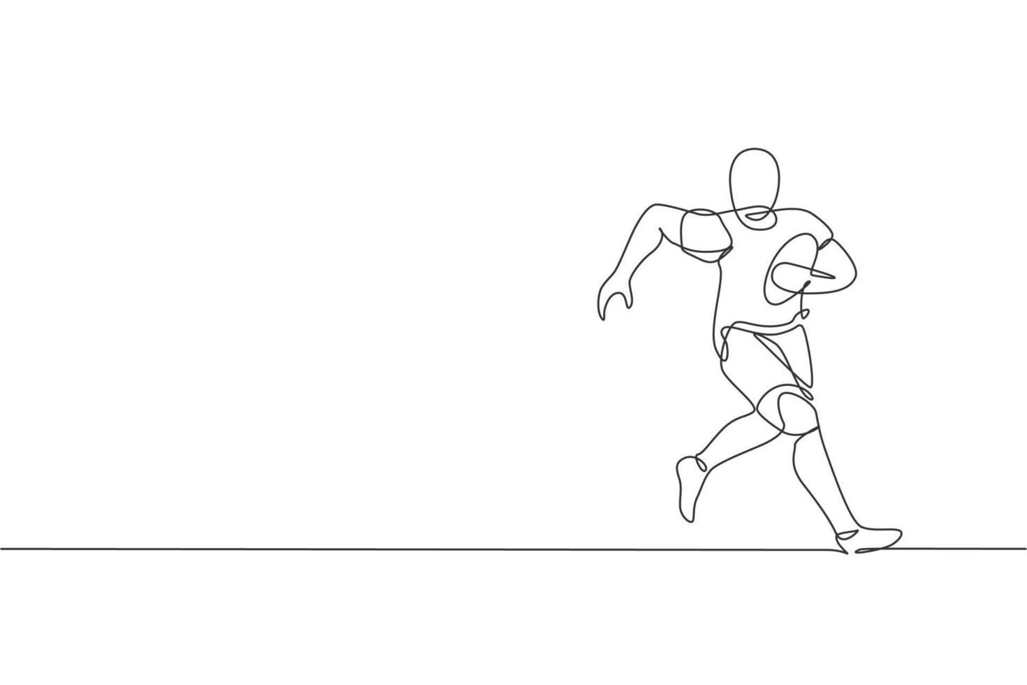un dibujo de una sola línea de un joven jugador de rugby enérgico corriendo para evitar la ilustración vectorial de persecución rival. concepto de deporte saludable. diseño moderno de dibujo de línea continua para la pancarta del torneo de rugby vector