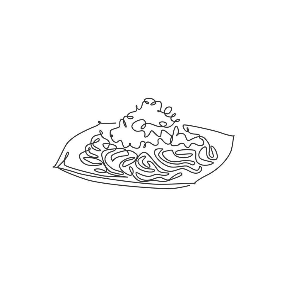 Single continuous line drawing of tasty delicious Italian spaghetti logo label. Pasta noodle restaurant concept. Modern one line draw design vector illustration for cafe, shop or food delivery service