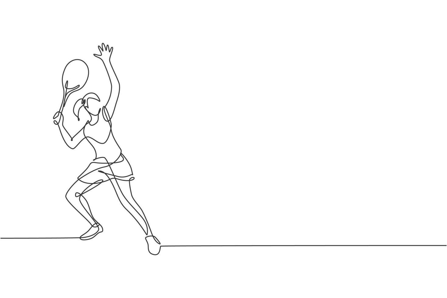 un dibujo de una sola línea de una joven y enérgica jugadora de tenis golpeó la ilustración vectorial de la pelota. concepto de entrenamiento deportivo. diseño moderno de dibujo de línea continua para pancarta y afiche de torneo de tenis vector