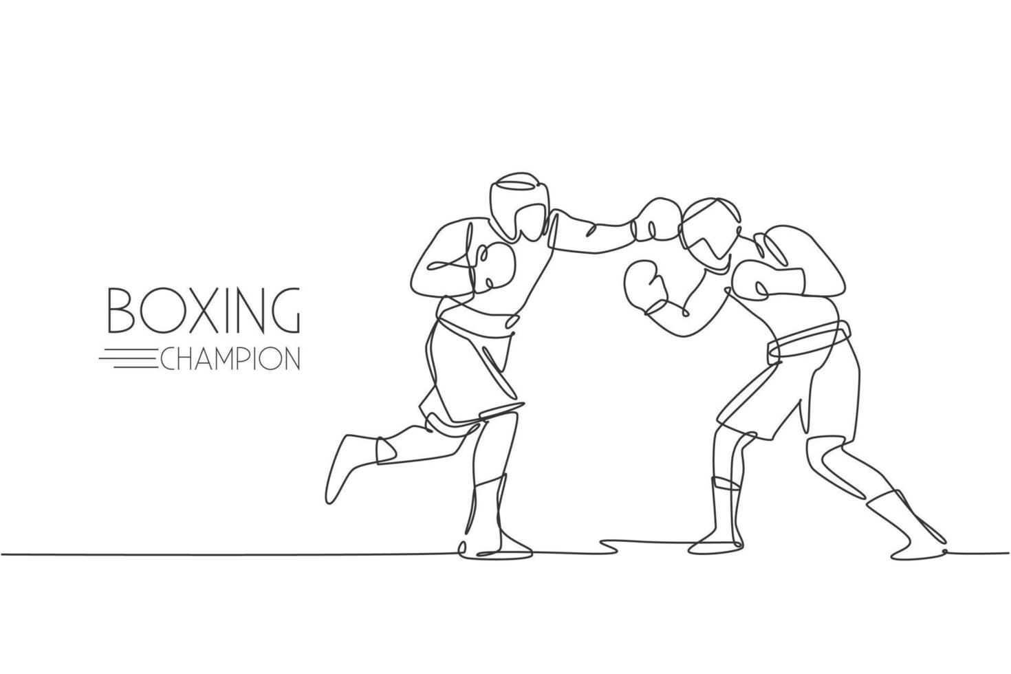 un dibujo de línea continua de dos jóvenes boxeadores deportivos muestra una pelea emocionante. concepto de deporte de combate competitivo. ilustración de vector de diseño de dibujo de línea única dinámica para cartel de promoción de combate de boxeo