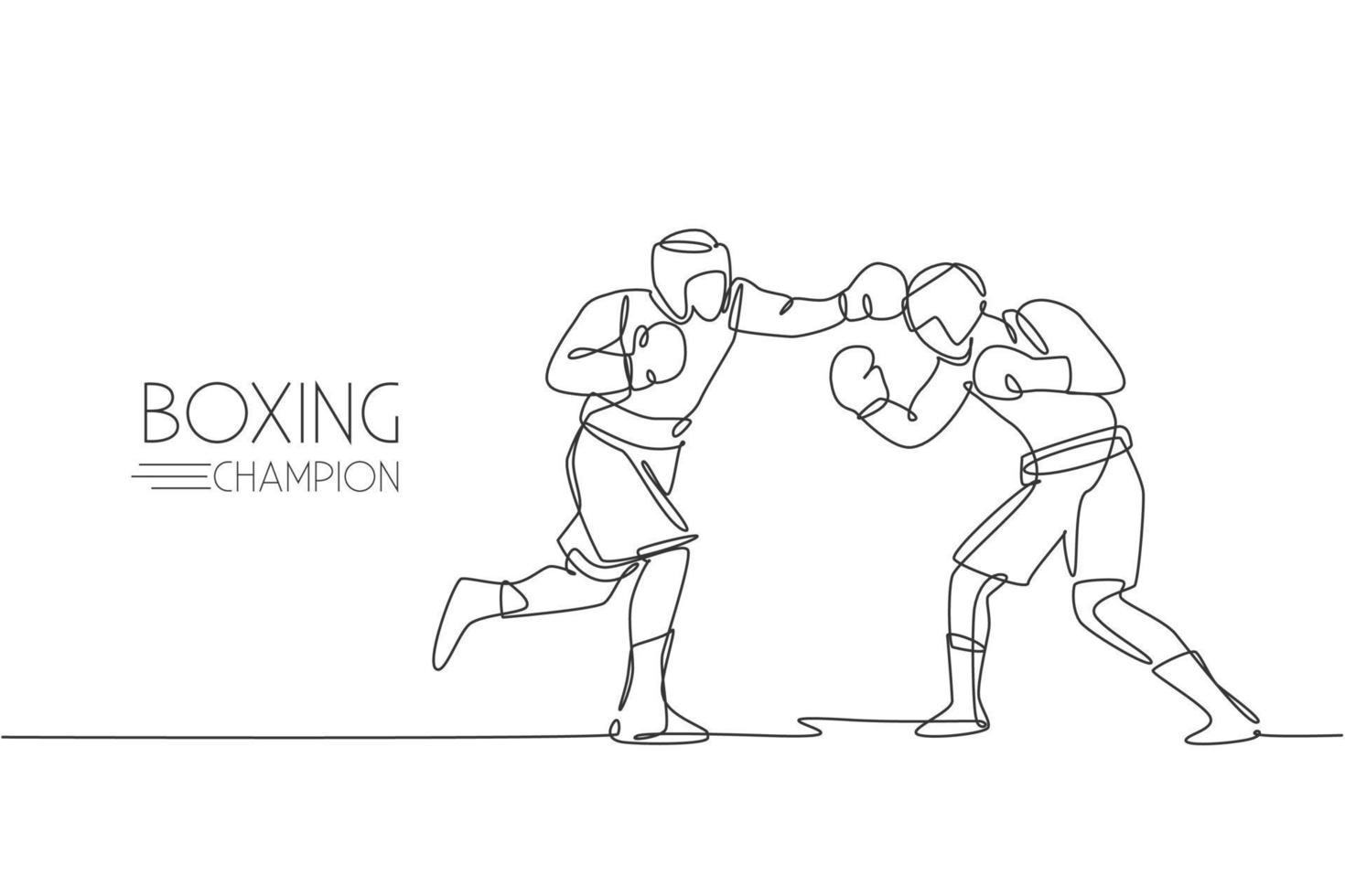 One continuous line drawing of two young sporty men boxer show exciting fight. Competitive combat sport concept. Dynamic single line draw design vector illustration for boxing match promotion poster