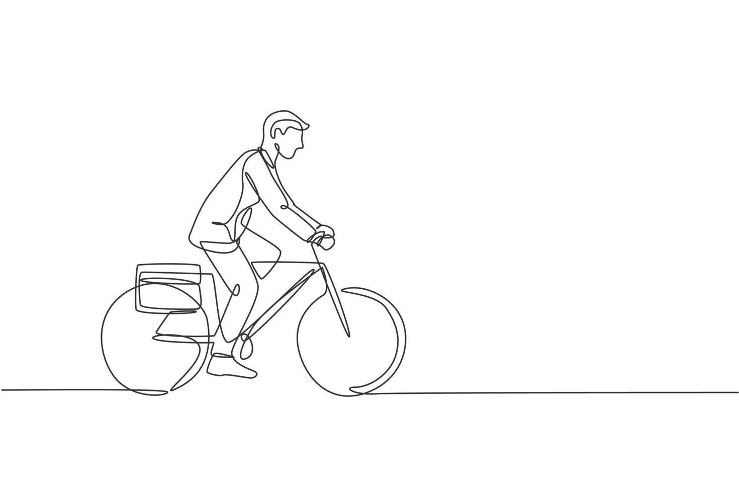 One single line drawing of young happy professional startup employee man ride bicycle to the coworking space vector illustration. Healthy commuter lifestyle concept. Modern continuous line draw design
