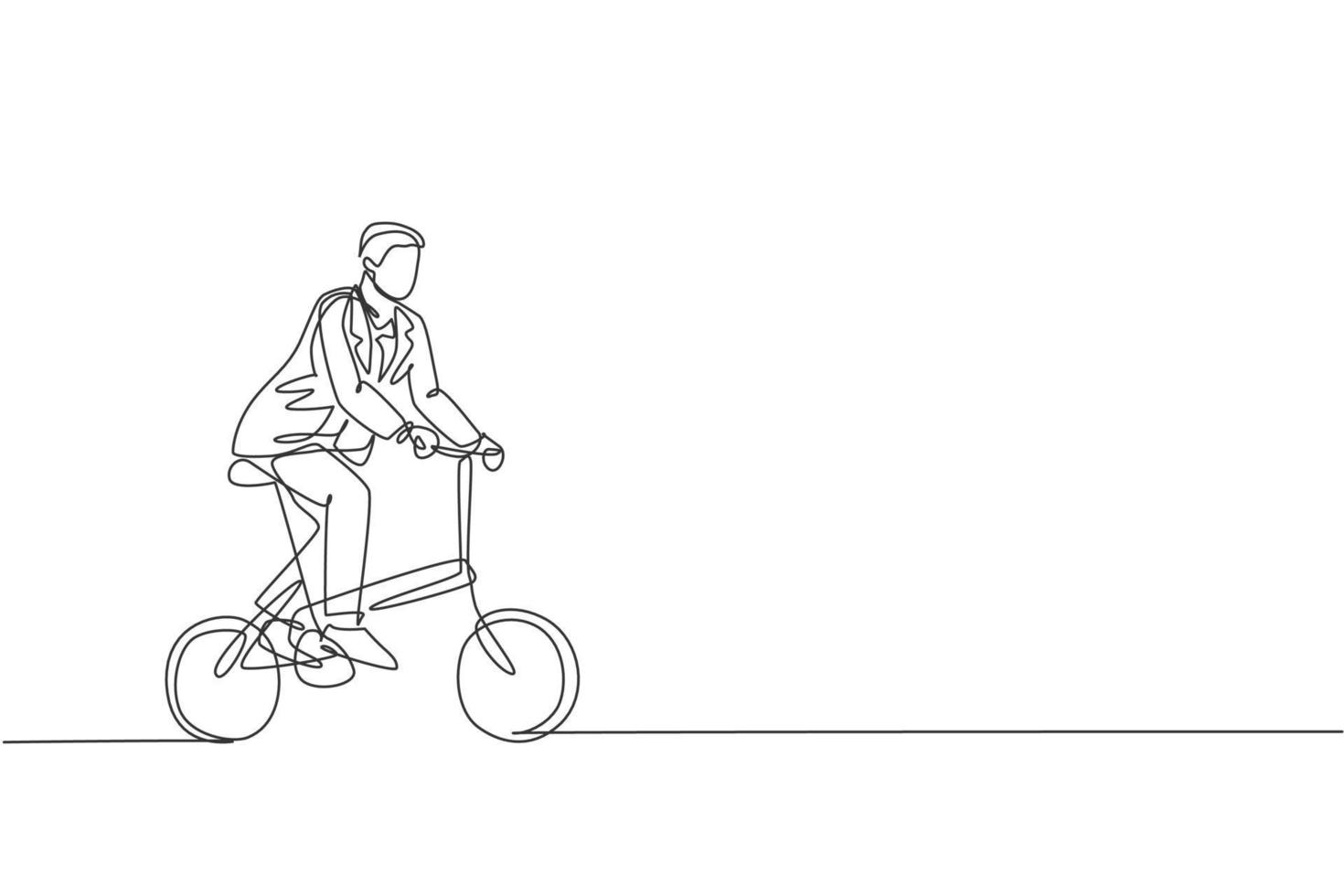One continuous line drawing of young professional manager man cycling ride folded bicycle to his office. Healthy working urban lifestyle concept. Dynamic single line draw design vector illustration