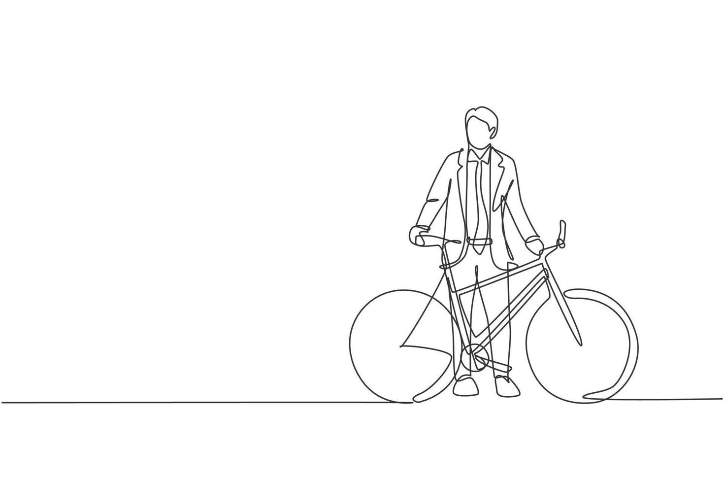 One single line drawing of young happy professional startup employee man ride bicycle to the coworking space vector illustration. Healthy commuter lifestyle concept. Modern continuous line draw design